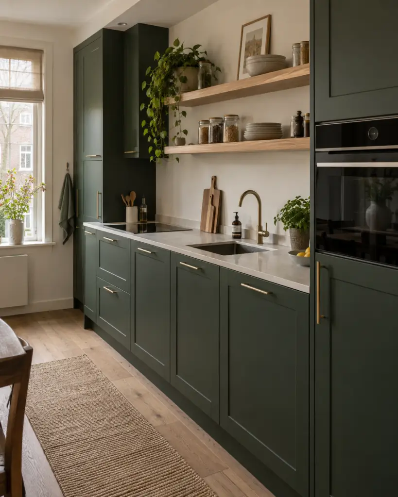 Donkergroene keuken langs één wand met open eiken planken en ingebouwde oven