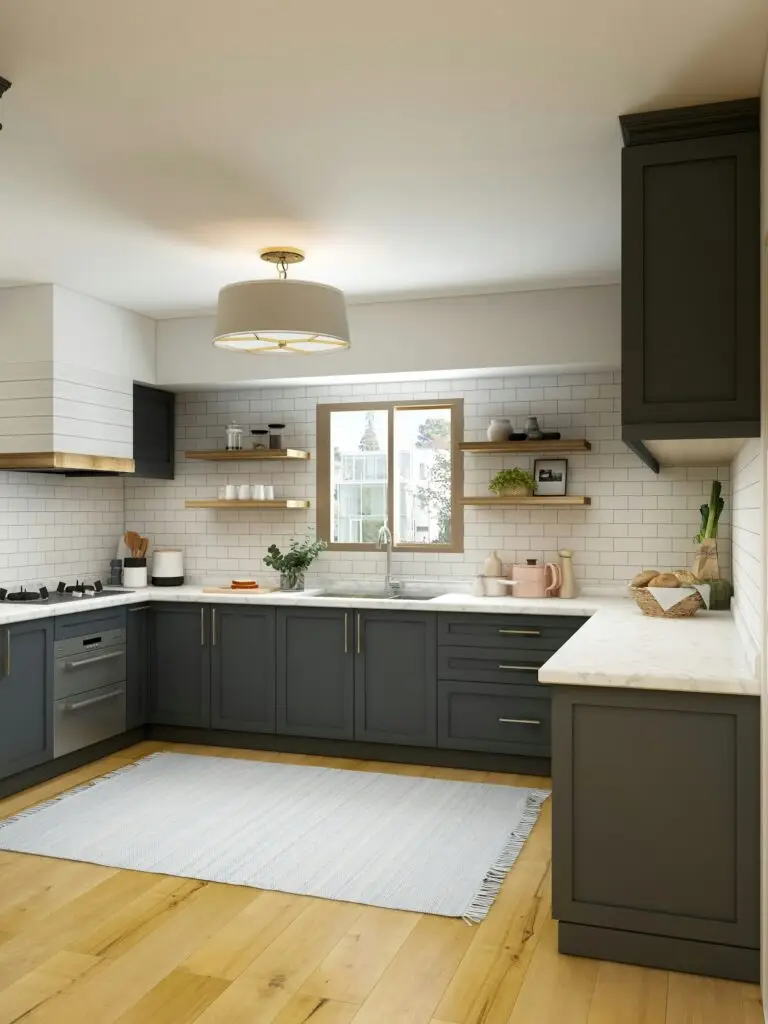 Maatwerk keuken met donkergroene shakerfronten, wit marmeren werkblad, open eiken planken en messing grepen