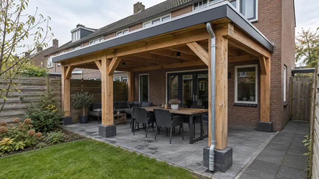 Houten overkapping met plat dak boven een terras aan de achterzijde van een woning