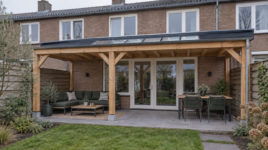 Overkapping met plat dak en glazen lichtstraat tegen de achtergevel van een Nederlandse rijtjeswoning