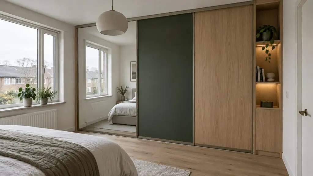 Schuifdeurkast op maat in een slaapkamer met spiegeldeur